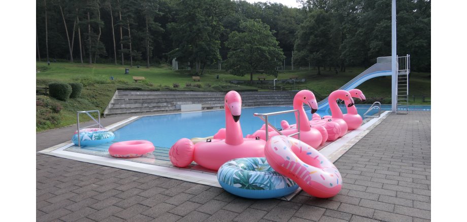 Rosa Schwimmreifen in Flamingo-Form am Rand eines Schwimmbeckens