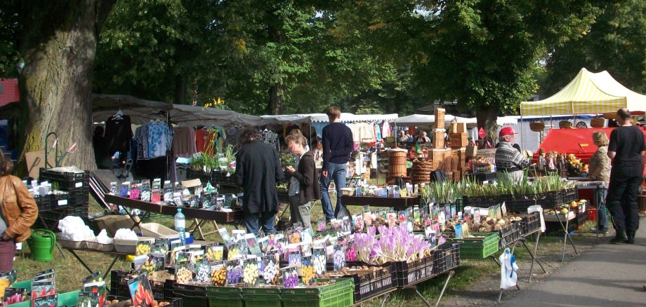 Marktstände mit Korbwaren und Blumenzwiebeln