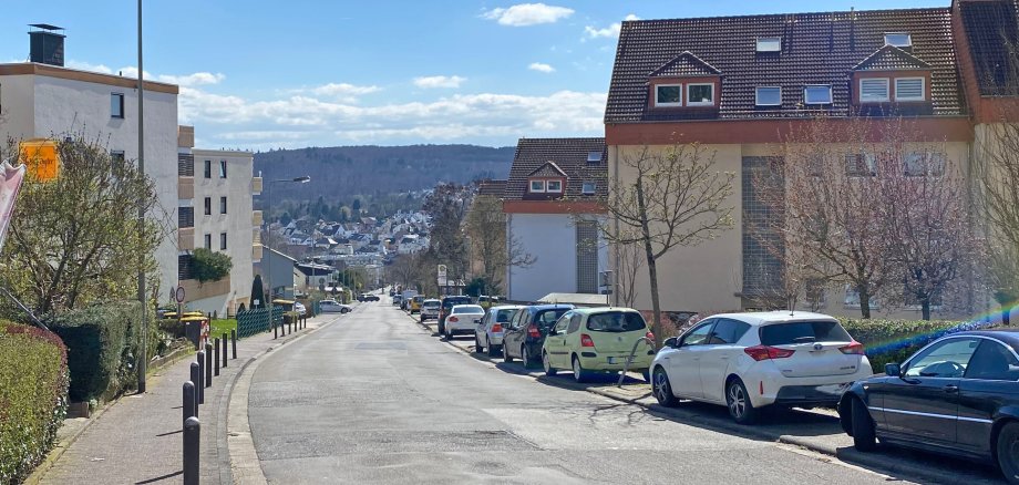 Blick auf eine Straße mit Wohnhäusern und parkenden Autos